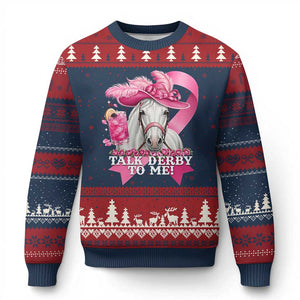 Talk Derby To Me Ugly Christmas Sweater Funny Horse Racing Oaks Derby Day Pink Ribbon TS11 Navy Red Print Your Wear