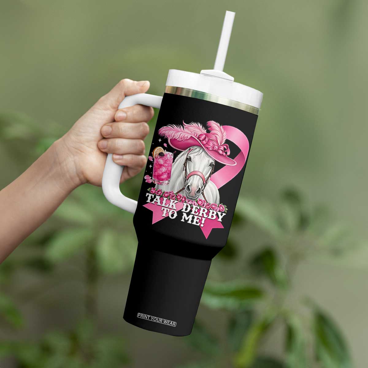 Talk Derby To Me Tumbler With Handle Funny Horse Racing Oaks Derby Day Pink Ribbon TS11 Print Your Wear