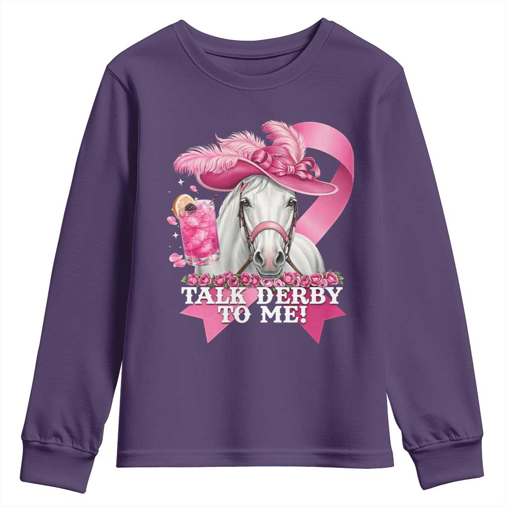 Talk Derby To Me Youth Sweatshirt Funny Horse Racing Oaks Derby Day Pink Ribbon TS11 Purple Print Your Wear