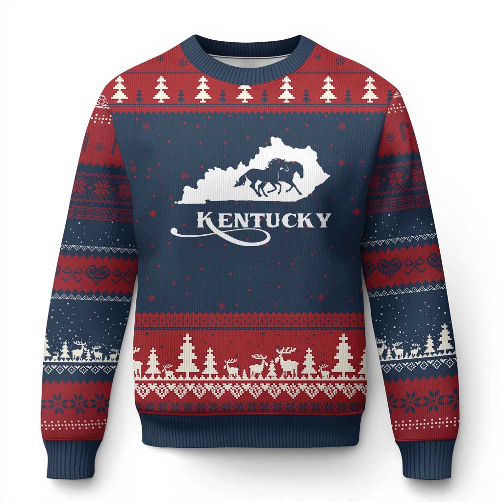 Kentucky Horse Map State Derby Day Ugly Christmas Sweater TS11 Navy Red Print Your Wear