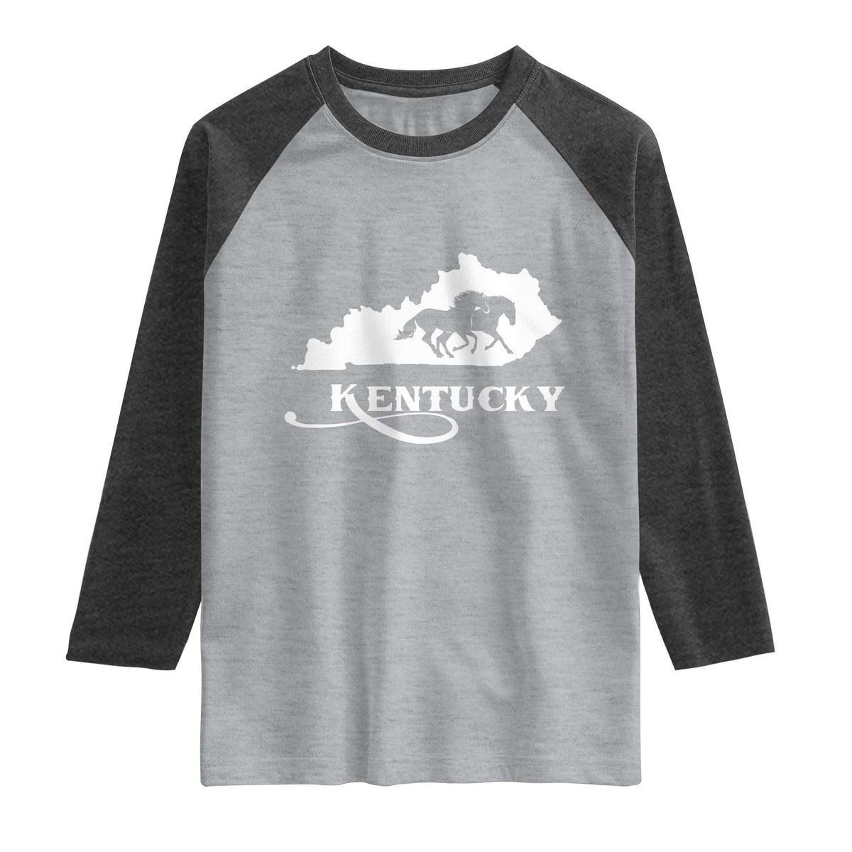 Kentucky Horse Map State Derby Day Raglan Shirt TS11 Heather Gray Heather Charcoal Print Your Wear