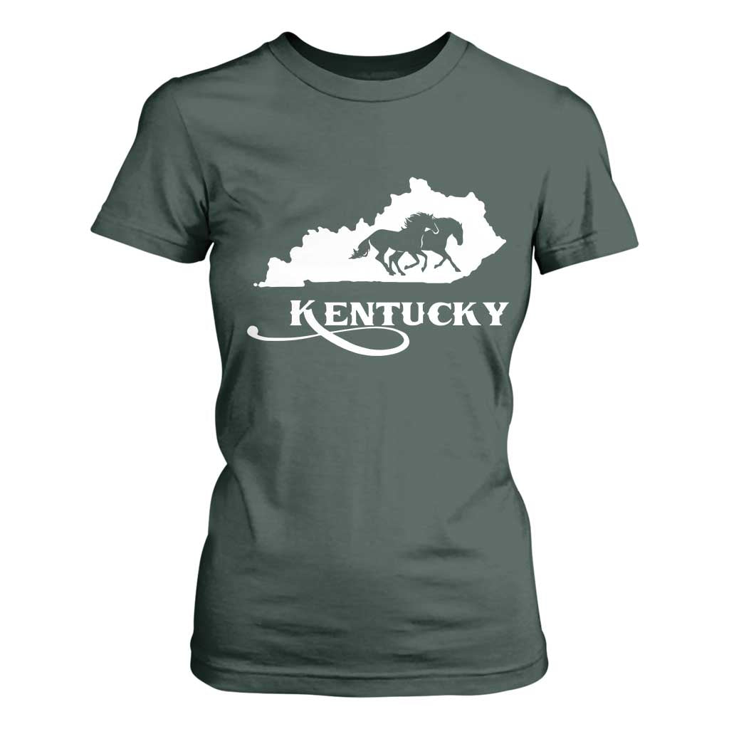 Kentucky Horse Map State Derby Day T Shirt For Women TS11 Dark Forest Green Print Your Wear