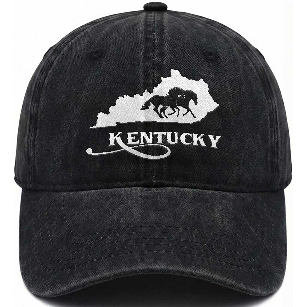 Kentucky Horse Map State Derby Day Washed Cotton Baseball Cap TS11 Print Your Wear