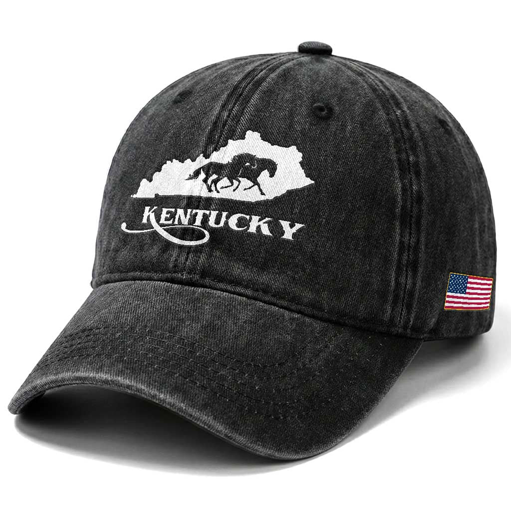 Kentucky Horse Map State Derby Day Washed Cotton Baseball Cap TS11 Print Your Wear