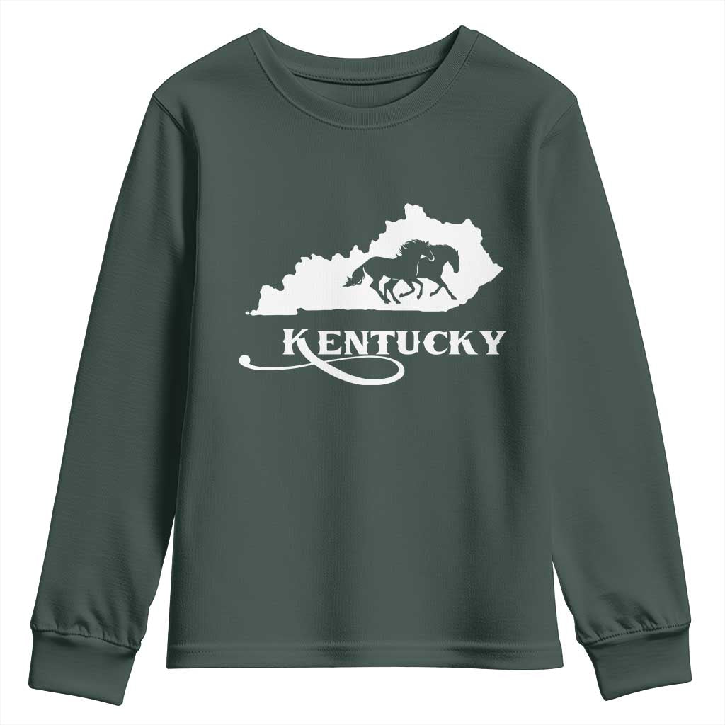 Kentucky Horse Map State Derby Day Youth Sweatshirt TS11 Dark Forest Green Print Your Wear