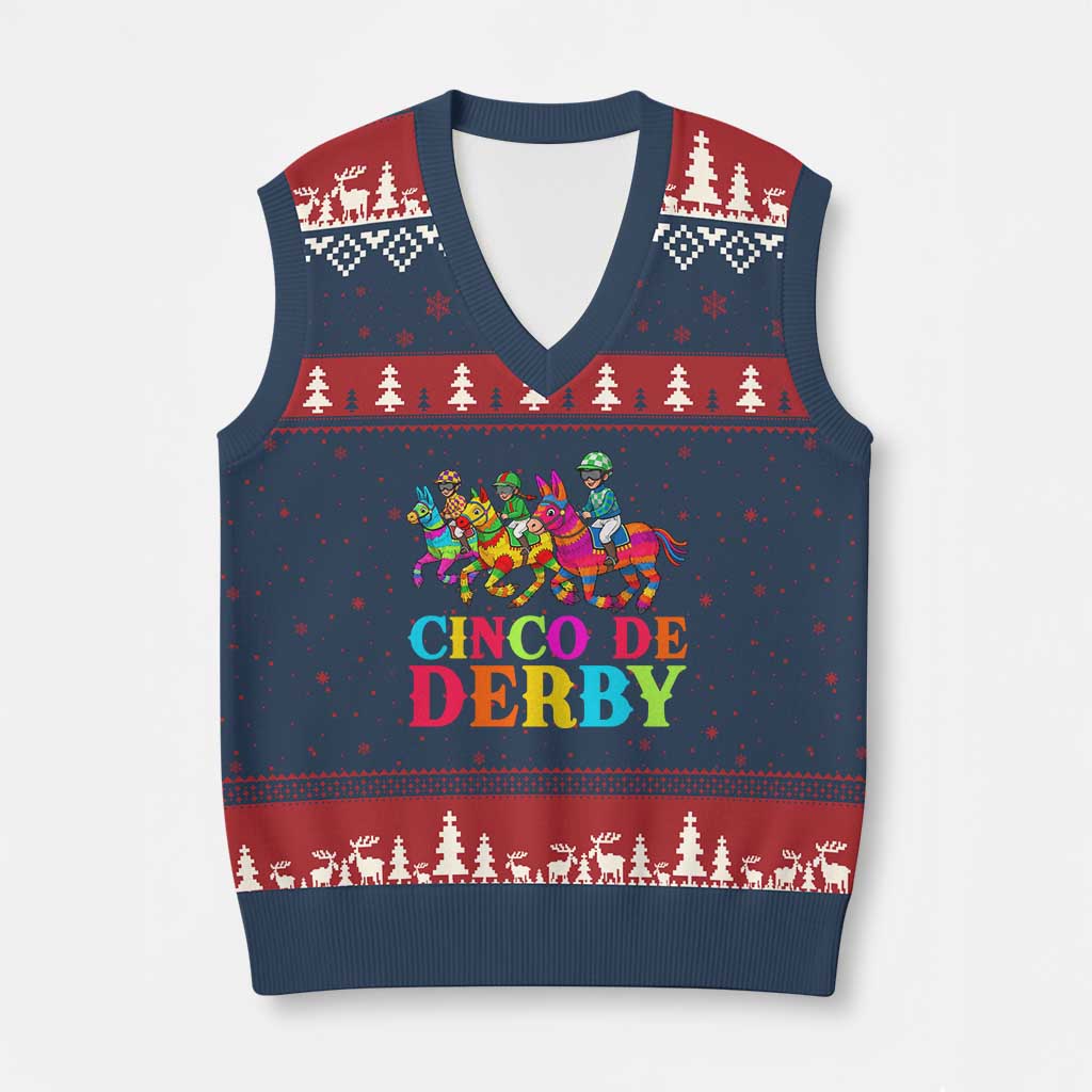 Cinco De Derby V-Neck Knit Sweater Vest Funny Mexican Derby Pinata Horse Race TS11 Navy Red Print Your Wear