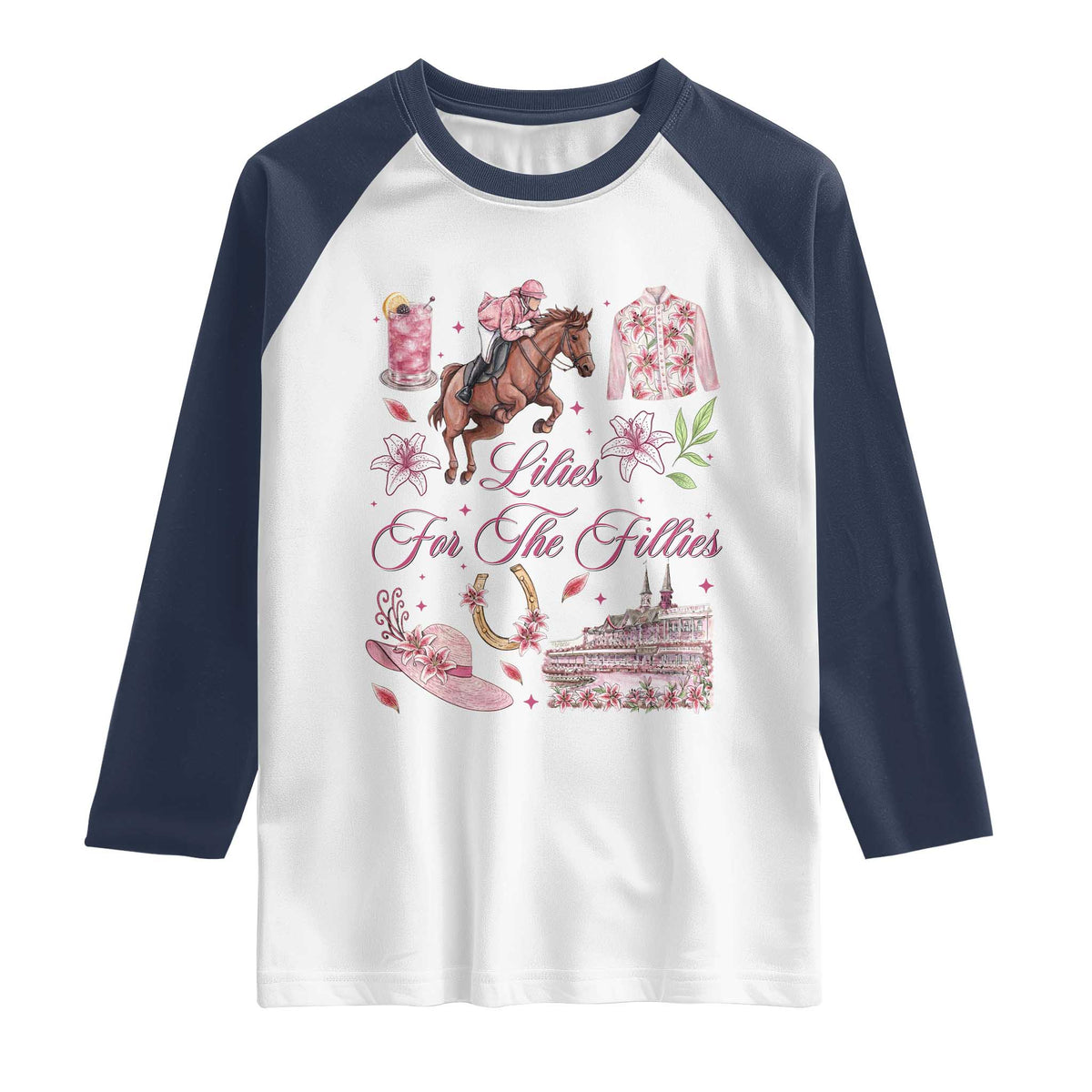 Derby Horse Racing Day Raglan Shirt Lilies For The Fillies Stargazer Lily Flower TS11 White Navy Print Your Wear