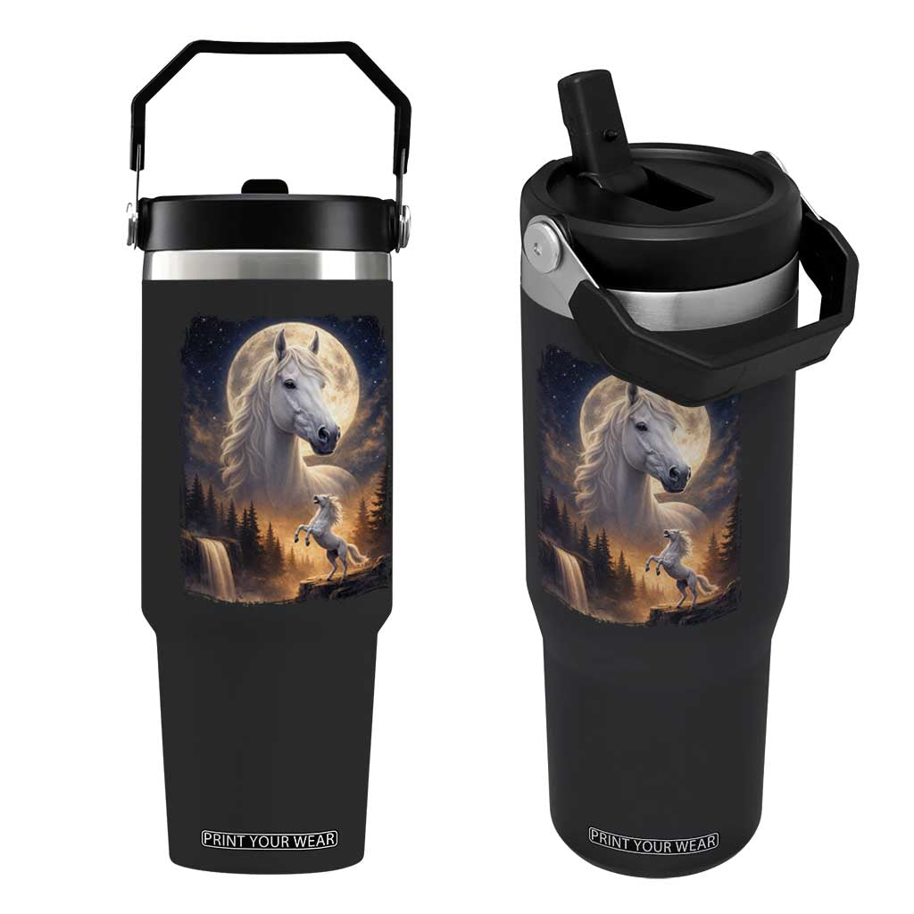 Horse Neighing To The Moon Flip Straw Tumbler Vintage 90s Animal Horse Lover Equestrian TS11 One Size: 30 oz Black Print Your Wear