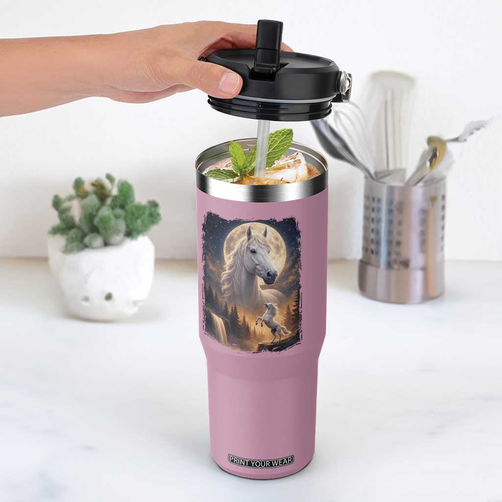 Horse Neighing To The Moon Flip Straw Tumbler Vintage 90s Animal Horse Lover Equestrian TS11 One Size: 30 oz Light Pink Print Your Wear