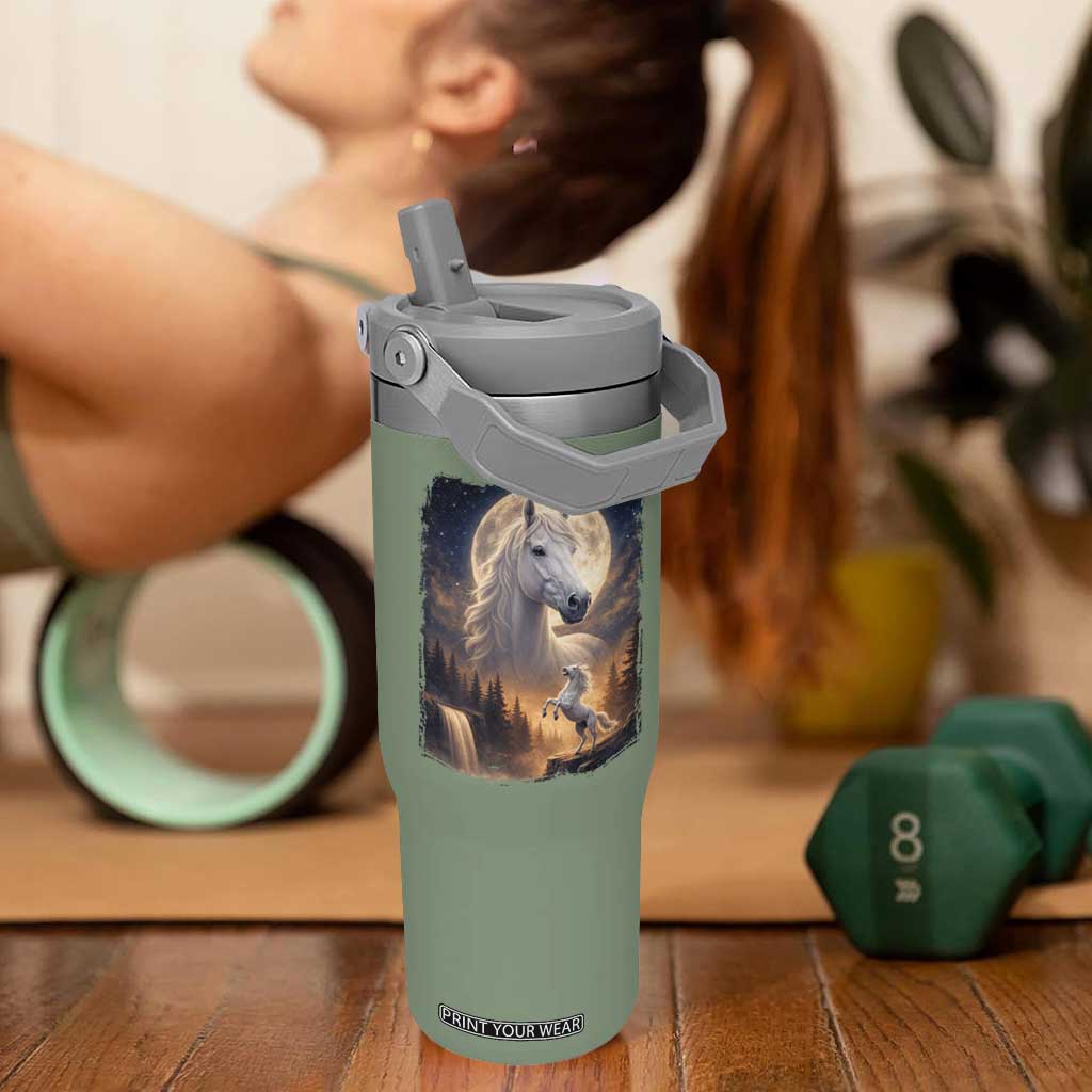 Horse Neighing To The Moon Flip Straw Tumbler Vintage 90s Animal Horse Lover Equestrian TS11 One Size: 30 oz Moss Green Print Your Wear
