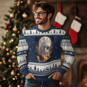 Horse Neighing To The Moon Ugly Christmas Sweater Vintage 90s Animal Horse Lover Equestrian TS11 Navy Beige Print Your Wear