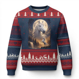 Horse Neighing To The Moon Ugly Christmas Sweater Vintage 90s Animal Horse Lover Equestrian TS11 Navy Red Print Your Wear