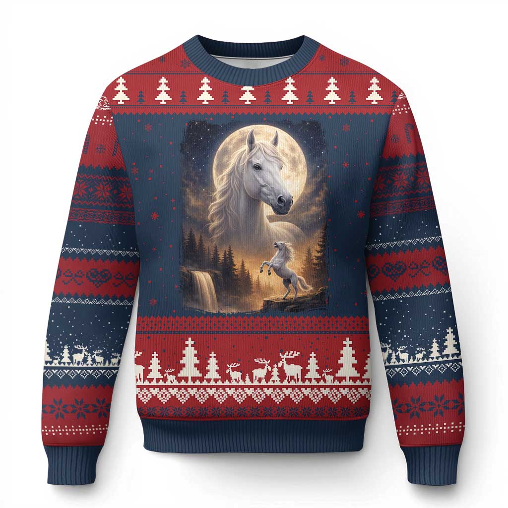 Horse Neighing To The Moon Ugly Christmas Sweater Vintage 90s Animal Horse Lover Equestrian TS11 Navy Red Print Your Wear