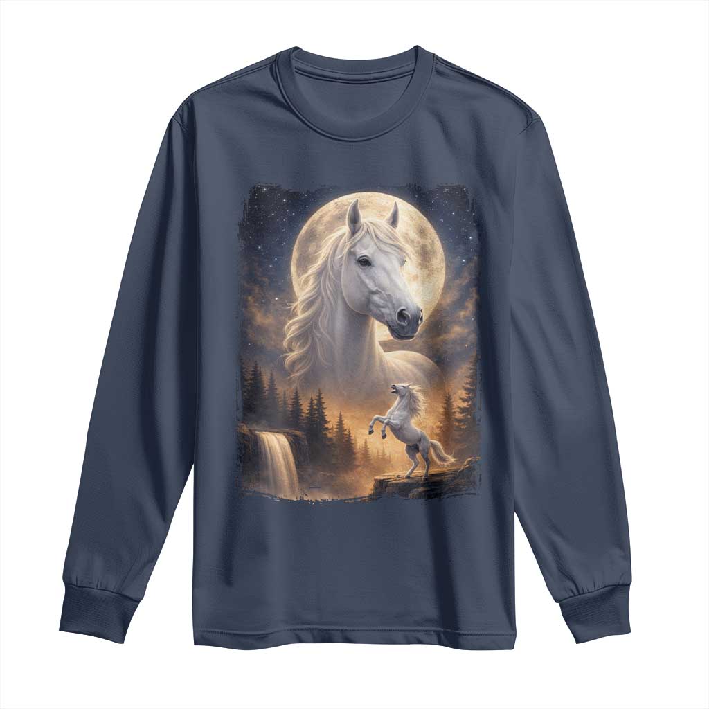 Horse Neighing To The Moon Long Sleeve Shirt Vintage 90s Animal Horse Lover Equestrian TS11 Navy Print Your Wear