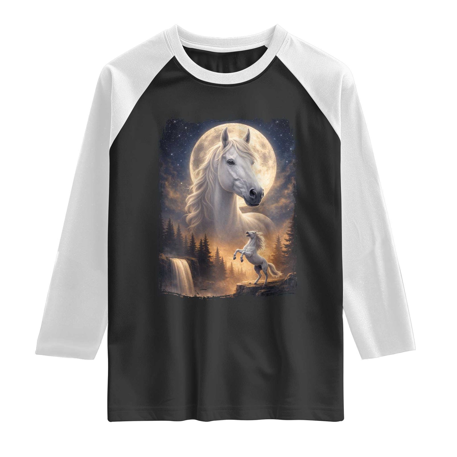 Horse Neighing To The Moon Raglan Shirt Vintage 90s Animal Horse Lover Equestrian TS11 Black White Print Your Wear