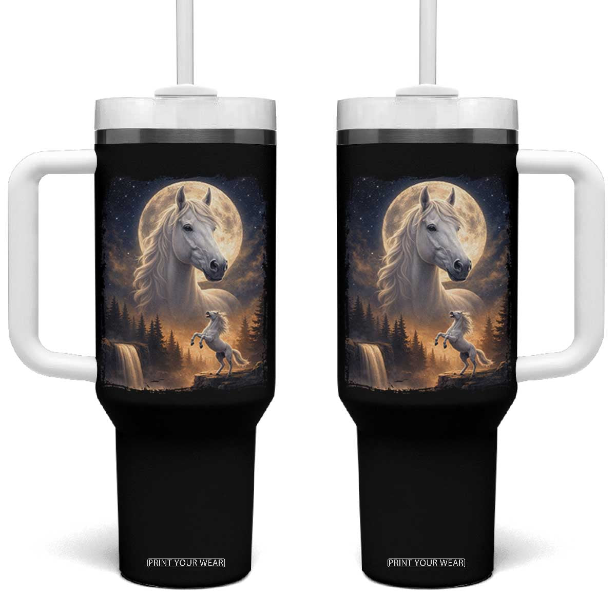 Horse Neighing To The Moon Tumbler With Handle Vintage 90s Animal Horse Lover Equestrian TS11 One Size: 40 oz Black Print Your Wear