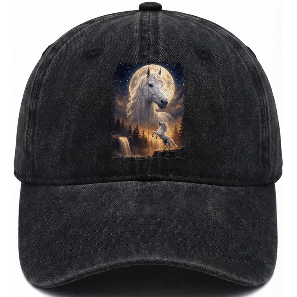 Horse Neighing To The Moon Washed Cotton Baseball Cap Vintage 90s Animal Horse Lover Equestrian TS11 Print Your Wear
