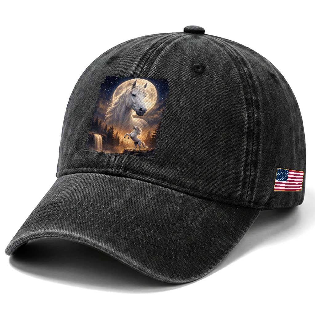 Horse Neighing To The Moon Washed Cotton Baseball Cap Vintage 90s Animal Horse Lover Equestrian TS11 Print Your Wear