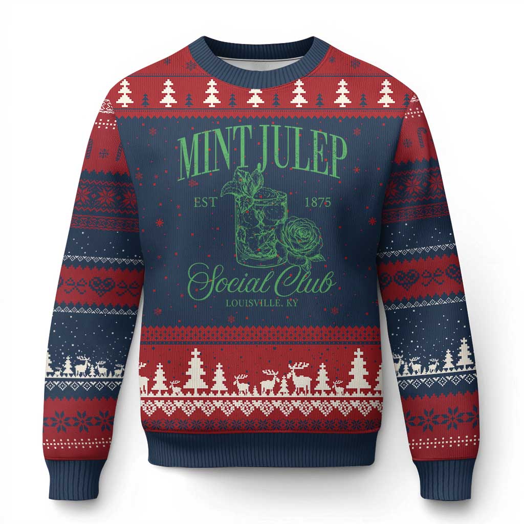 Mint Julep Social Club KY Funny Derby Cocktail Ugly Christmas Sweater TS11 Navy Red Print Your Wear