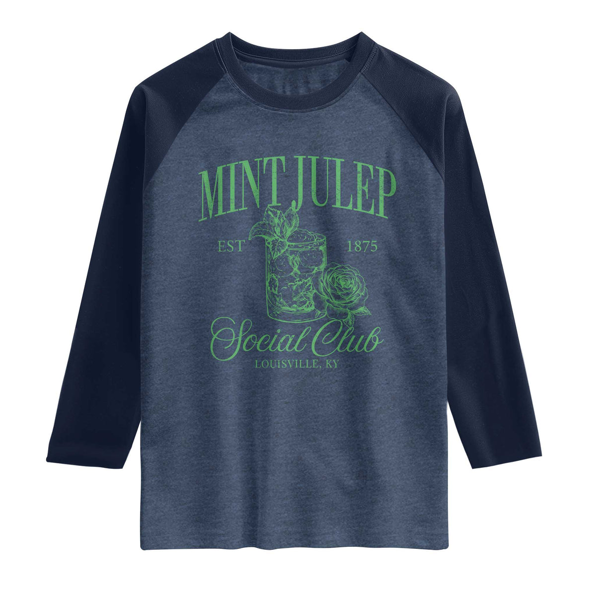 Mint Julep Social Club KY Funny Derby Cocktail Raglan Shirt TS11 Heather Denim Navy Print Your Wear