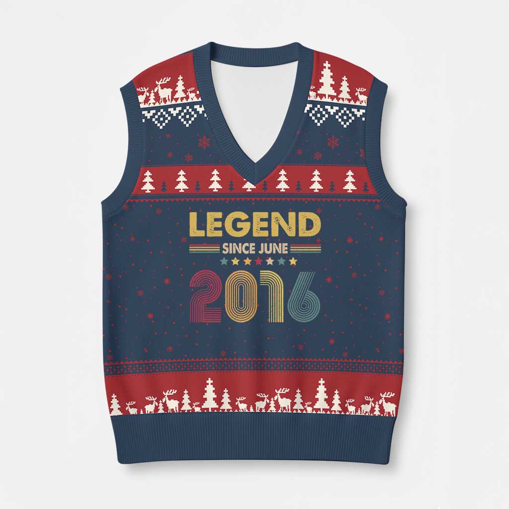 June 10th Birthday V-Neck Knit Sweater Vest Legends Since June 2016 Retro Bday TS11 Navy Red Print Your Wear