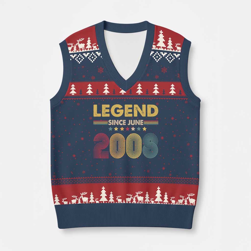 June 18th Birthday V-Neck Knit Sweater Vest Legends Since June 2008 Retro Bday TS11 Navy Red Print Your Wear