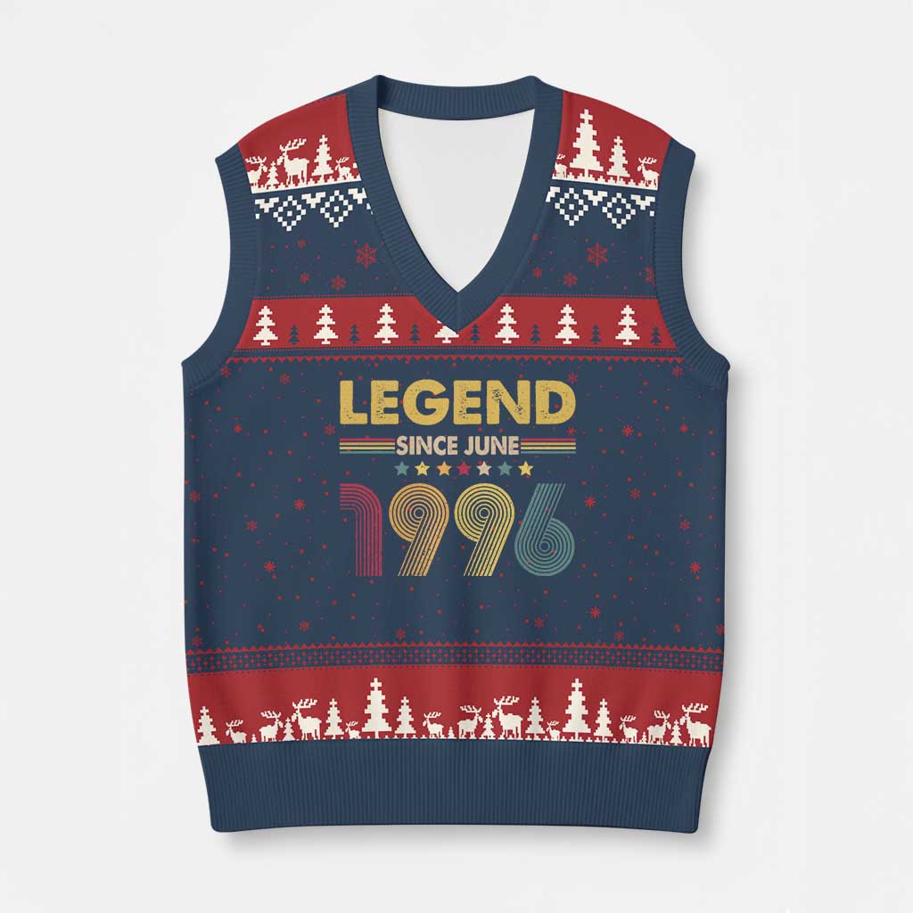 June 30th Birthday V-Neck Knit Sweater Vest Legends Since June 1996 Retro Bday TS11 Navy Red Print Your Wear