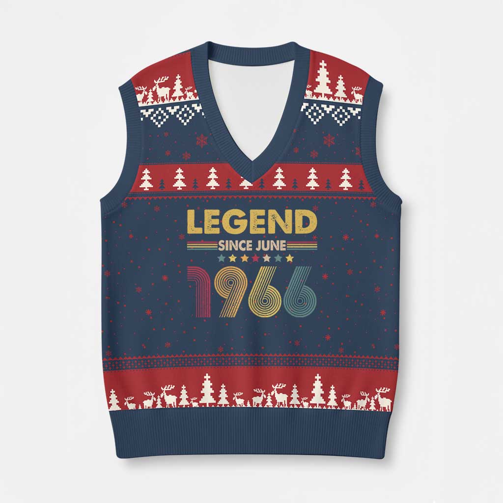 June 60th Birthday V-Neck Knit Sweater Vest Legends Since June 1966 Retro Bday TS11 Navy Red Print Your Wear
