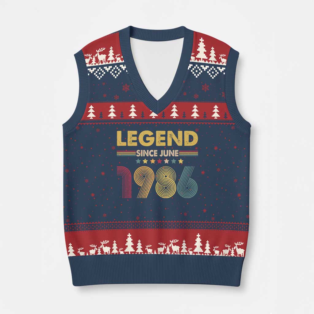 June 40th Birthday V-Neck Knit Sweater Vest Legends Since June 1986 Retro Bday TS11 Navy Red Print Your Wear