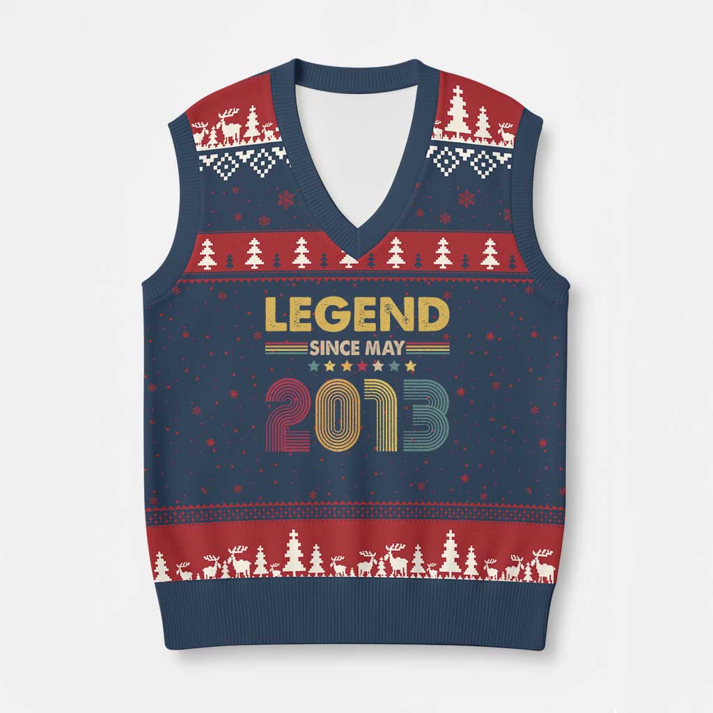 May 13th Birthday V-Neck Knit Sweater Vest Legends Since May 2013 Retro Bday TS11 Navy Red Print Your Wear
