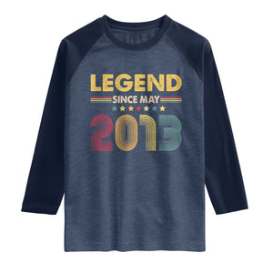 May 13th Birthday Raglan Shirt Legends Since May 2013 Retro Bday TS11 Heather Denim Navy Print Your Wear