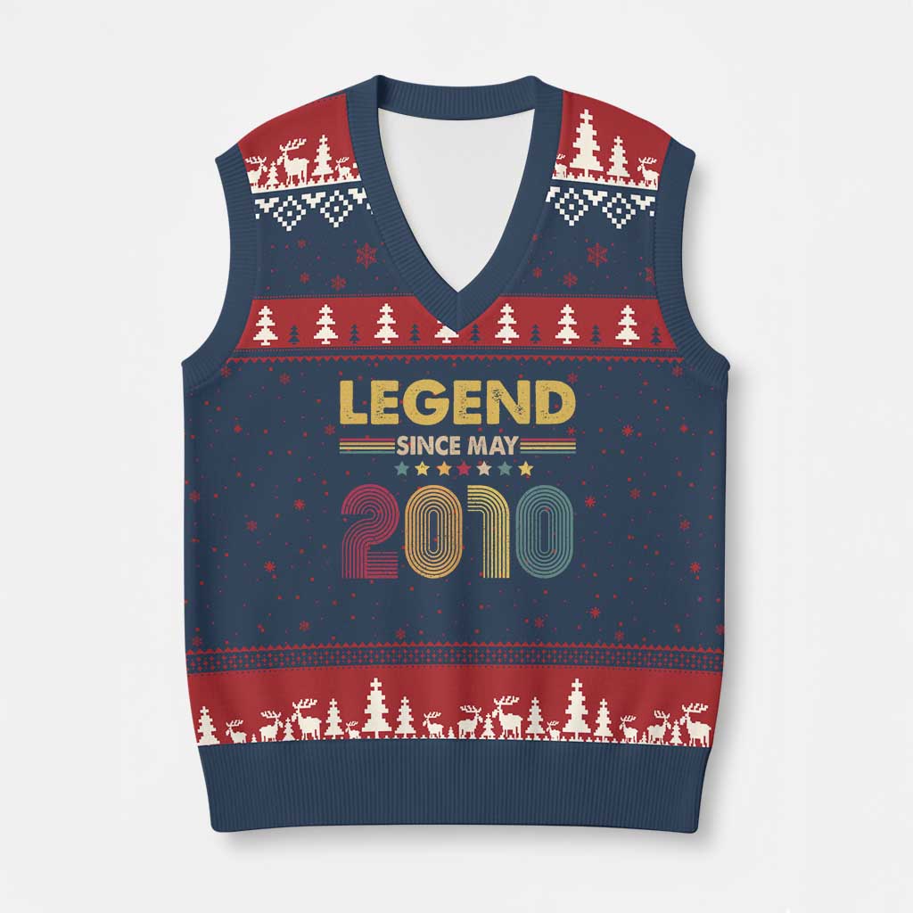 May 16th Birthday V-Neck Knit Sweater Vest Legends Since May 2010 Retro Bday TS11 Navy Red Print Your Wear