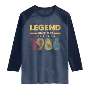 May 40th Birthday Raglan Shirt Legends Since May 1986 Retro Bday TS11 Heather Denim Navy Print Your Wear