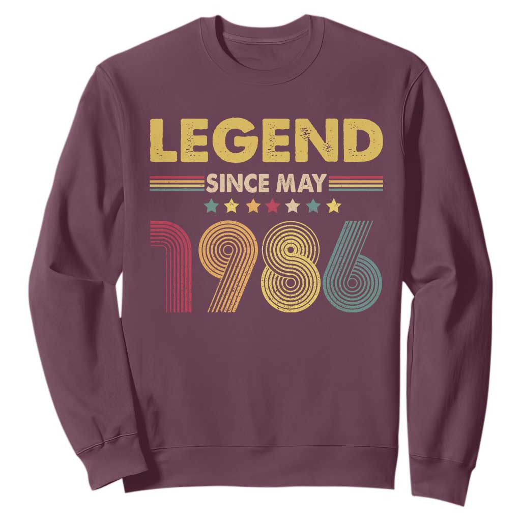 May 40th Birthday Sweatshirt Legends Since May 1986 Retro Bday TS11 Maroon Print Your Wear