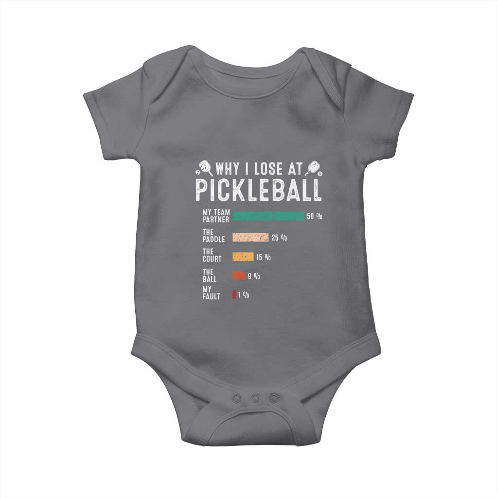 Funny Pickleball Baby Onesie Why I Lose At Pickleball Humor TS11 Charcoal Print Your Wear