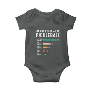 Funny Pickleball Baby Onesie Why I Lose At Pickleball Humor TS11 Dark Heather Print Your Wear