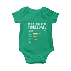 Funny Pickleball Baby Onesie Why I Lose At Pickleball Humor TS11 Irish Green Print Your Wear