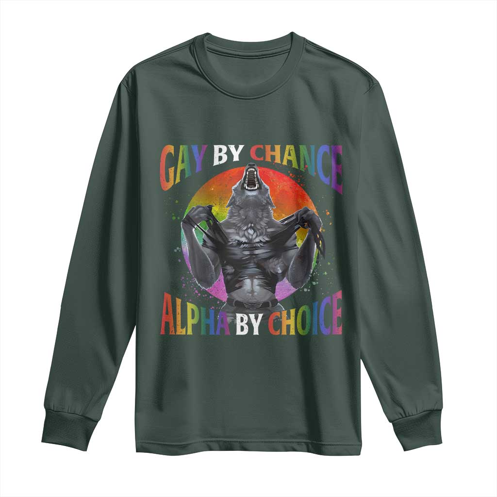 Funny Gay By Chance Alpha By Choice Long Sleeve Shirt Wolf Alpha LGBTQ TS11 Dark Forest Green Print Your Wear