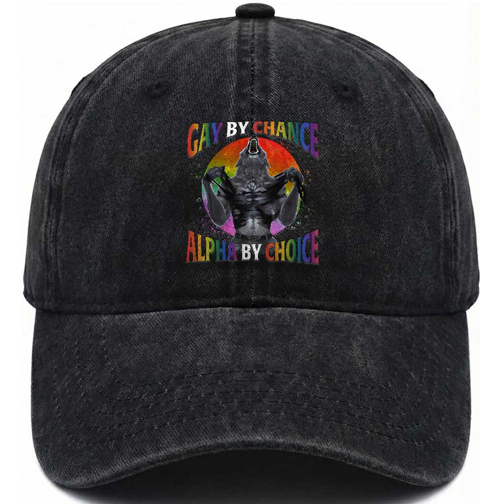 Funny Gay By Chance Alpha By Choice Washed Cotton Baseball Cap Wolf Alpha LGBTQ TS11 Print Your Wear