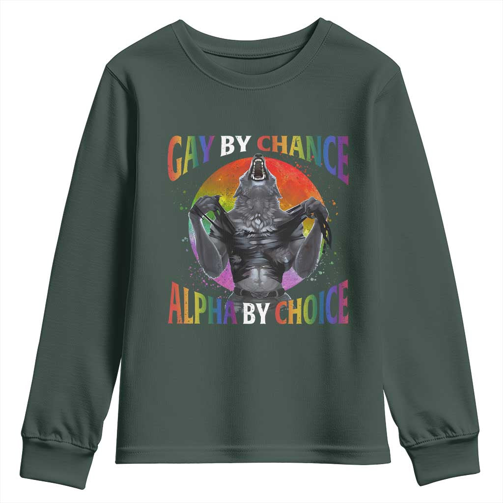 Funny Gay By Chance Alpha By Choice Youth Sweatshirt Wolf Alpha LGBTQ TS11 Dark Forest Green Print Your Wear