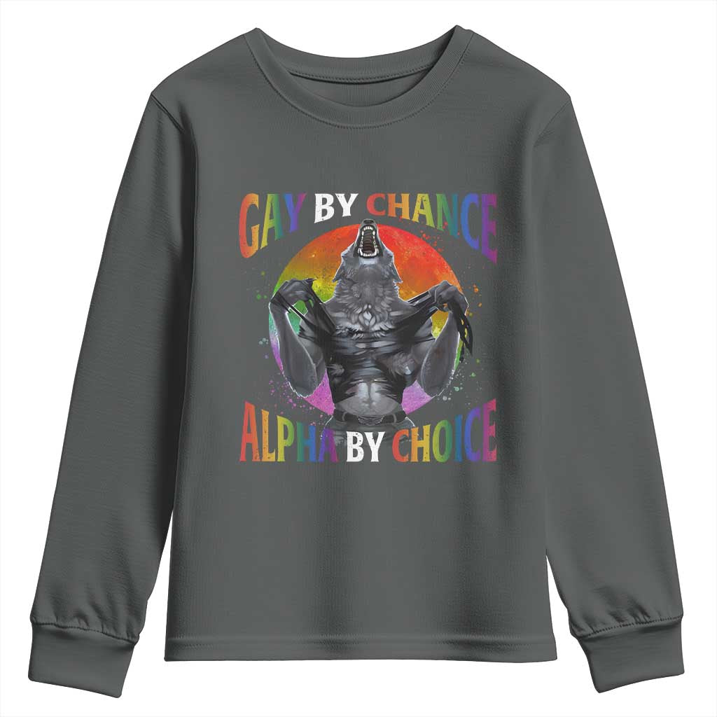 Funny Gay By Chance Alpha By Choice Youth Sweatshirt Wolf Alpha LGBTQ TS11 Dark Heather Print Your Wear