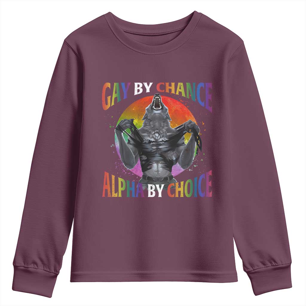 Funny Gay By Chance Alpha By Choice Youth Sweatshirt Wolf Alpha LGBTQ TS11 Maroon Print Your Wear