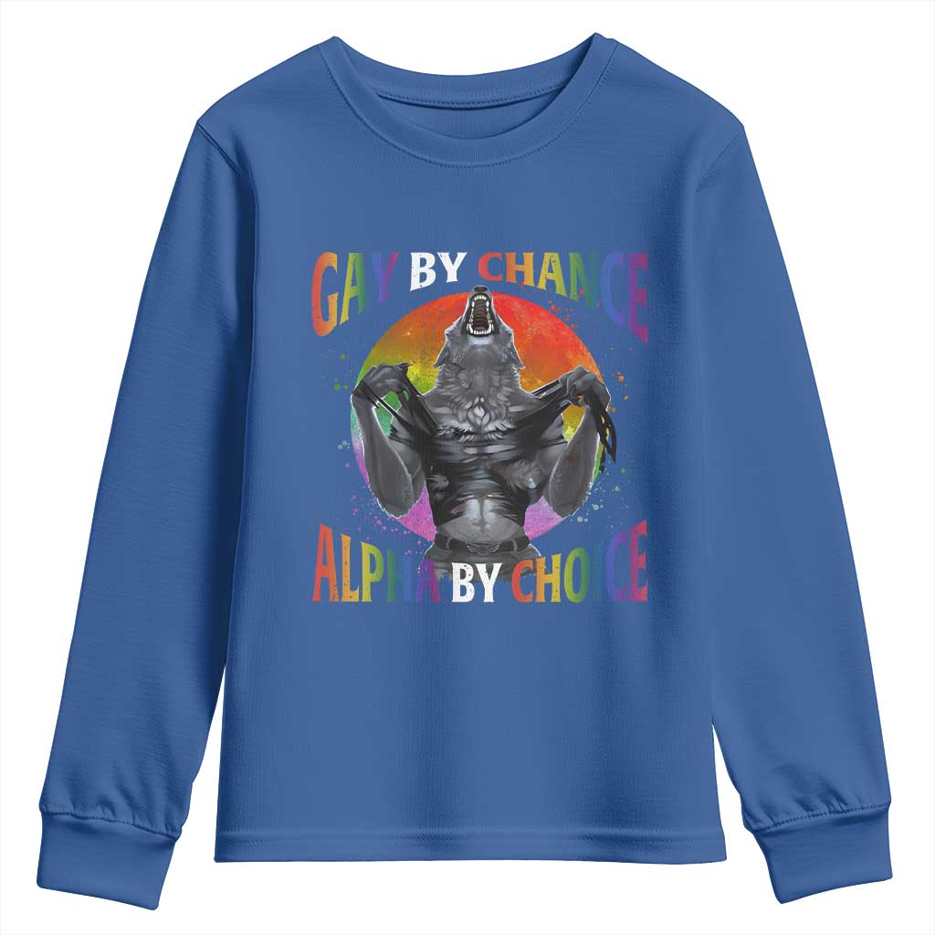 Funny Gay By Chance Alpha By Choice Youth Sweatshirt Wolf Alpha LGBTQ TS11 Royal Blue Print Your Wear