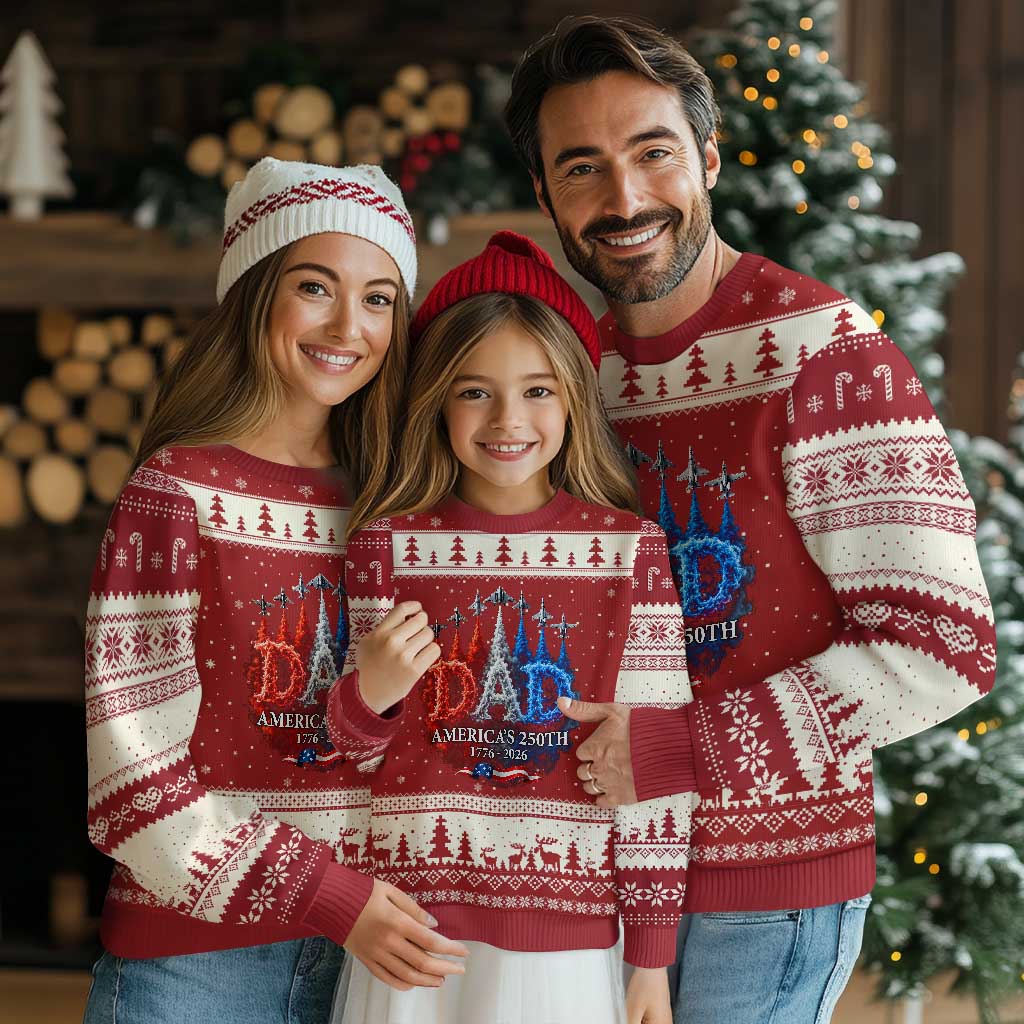 Dad USA 250th Anniversary Ugly Christmas Sweater Jet Fighter American Flag Father's Day 4th of July TS11 Red Beige Print Your Wear