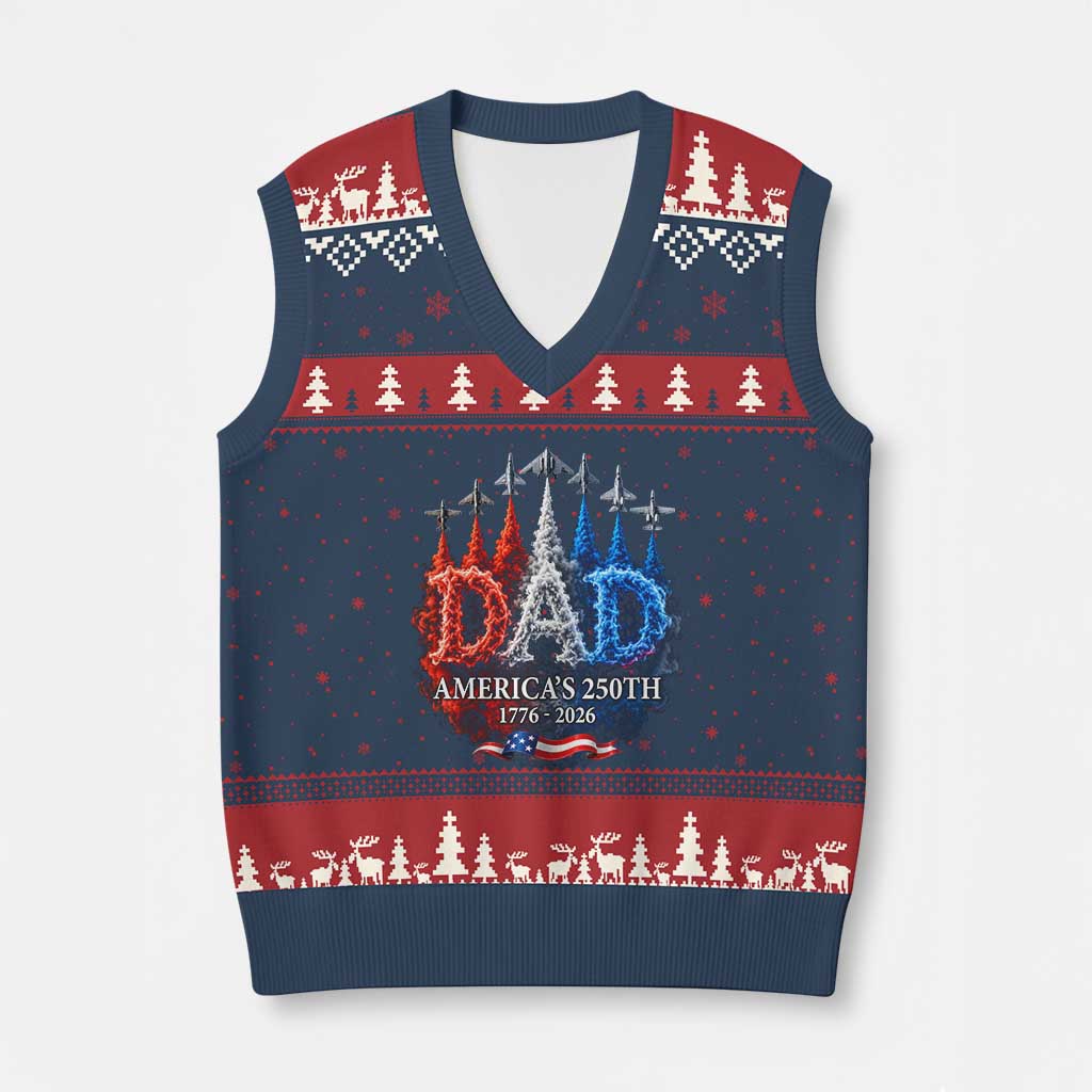 Dad USA 250th Anniversary V-Neck Knit Sweater Vest Jet Fighter American Flag Father's Day 4th of July TS11 Navy Red Print Your Wear