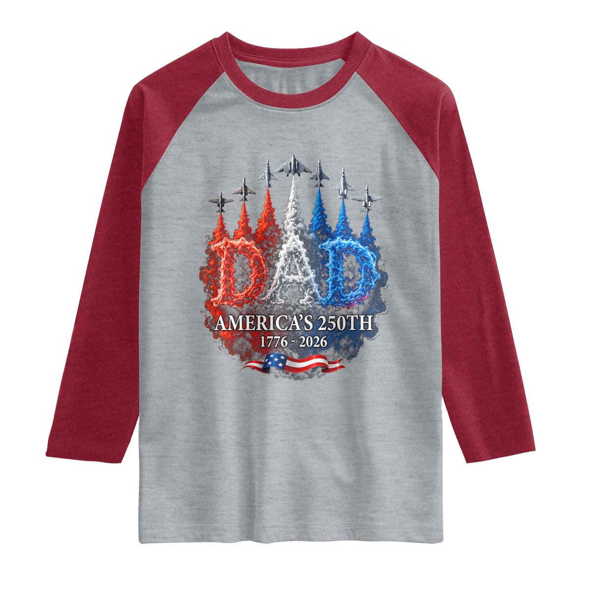Dad USA 250th Anniversary Raglan Shirt Jet Fighter American Flag Father's Day 4th of July TS11 Heather Gray Heather Red Print Your Wear