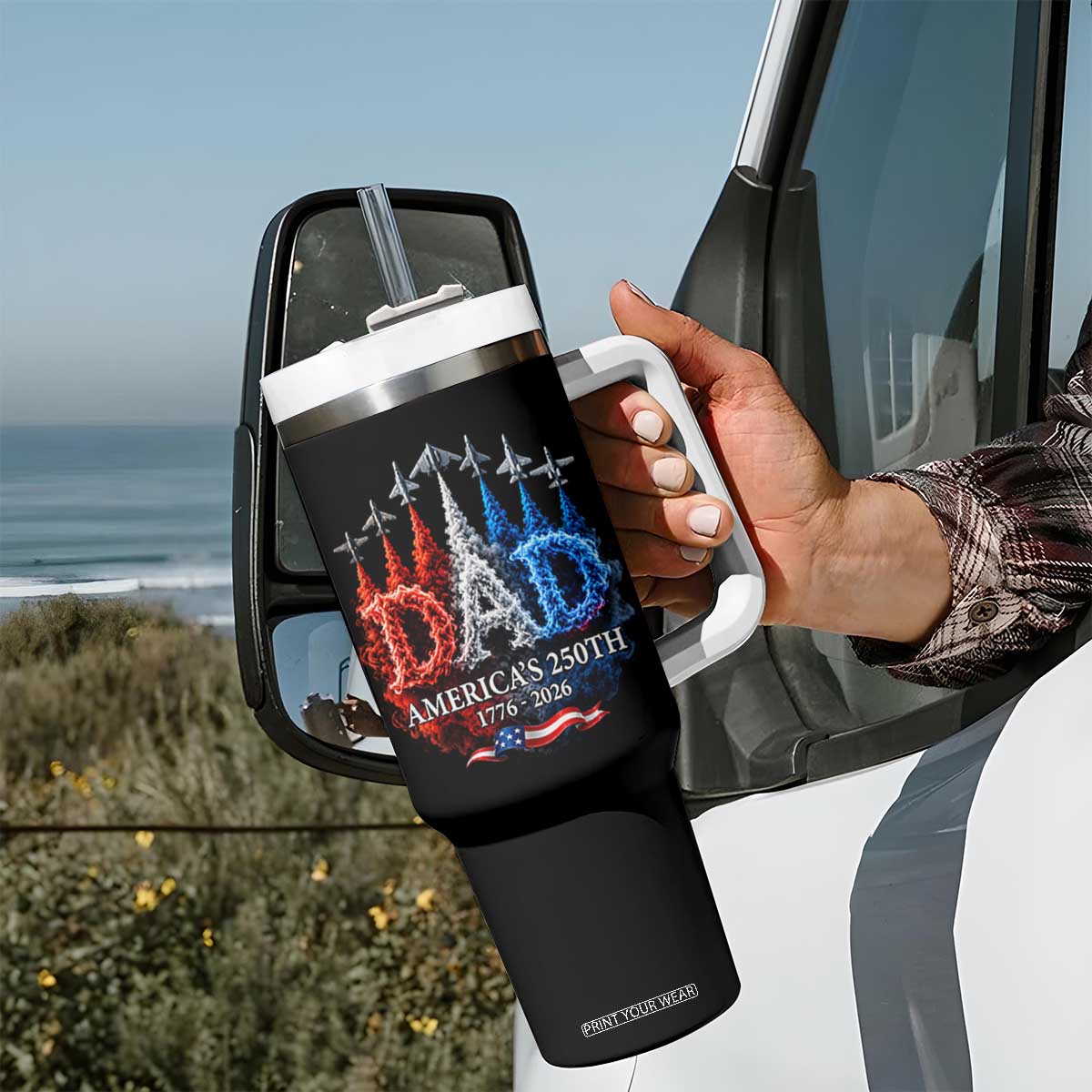 Dad USA 250th Anniversary Tumbler With Handle Jet Fighter American Flag Father's Day 4th of July TS11 Print Your Wear