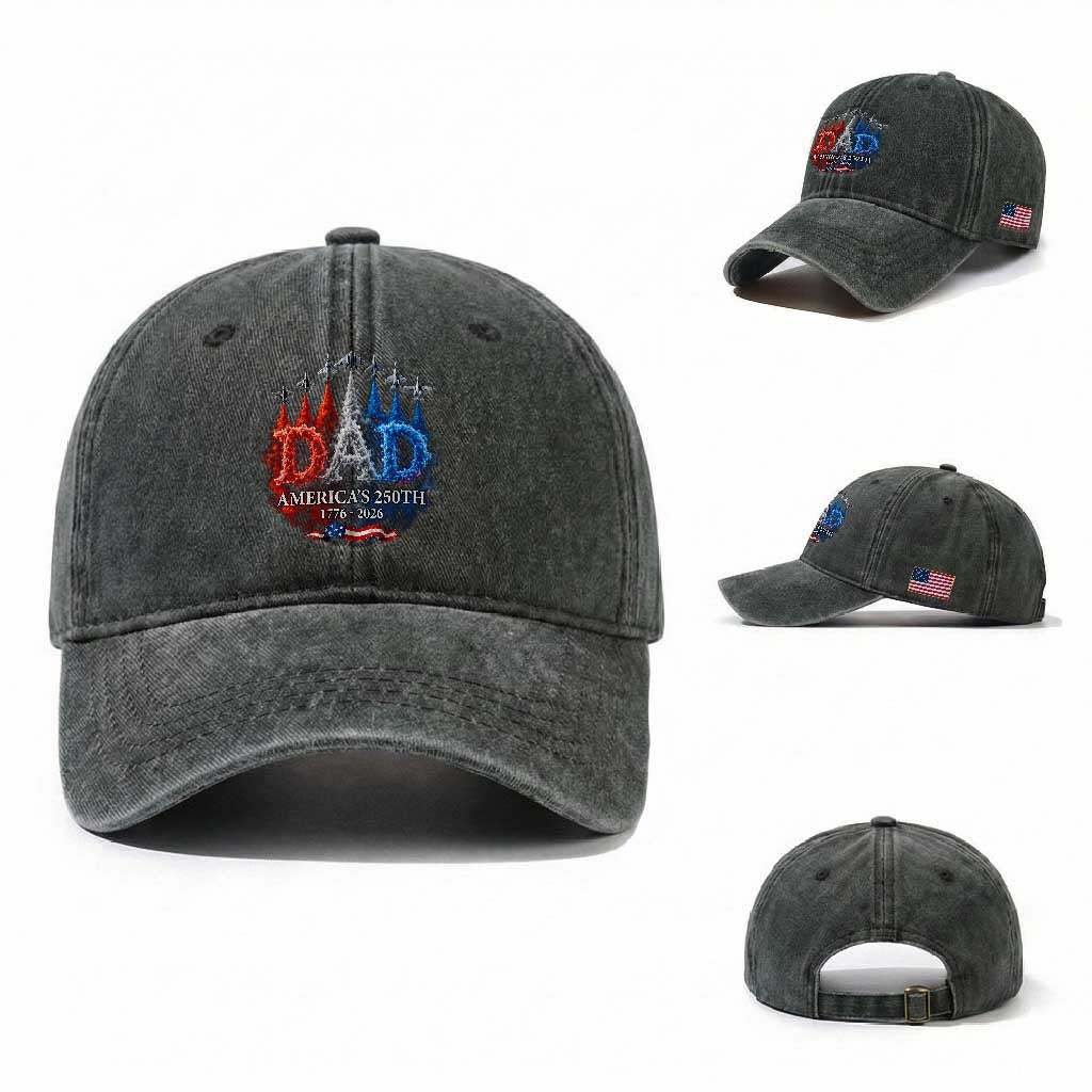 Dad USA 250th Anniversary Washed Cotton Baseball Cap Jet Fighter American Flag Father's Day 4th of July TS11 Washed Cap Universal Fit Dark Green Print Your Wear