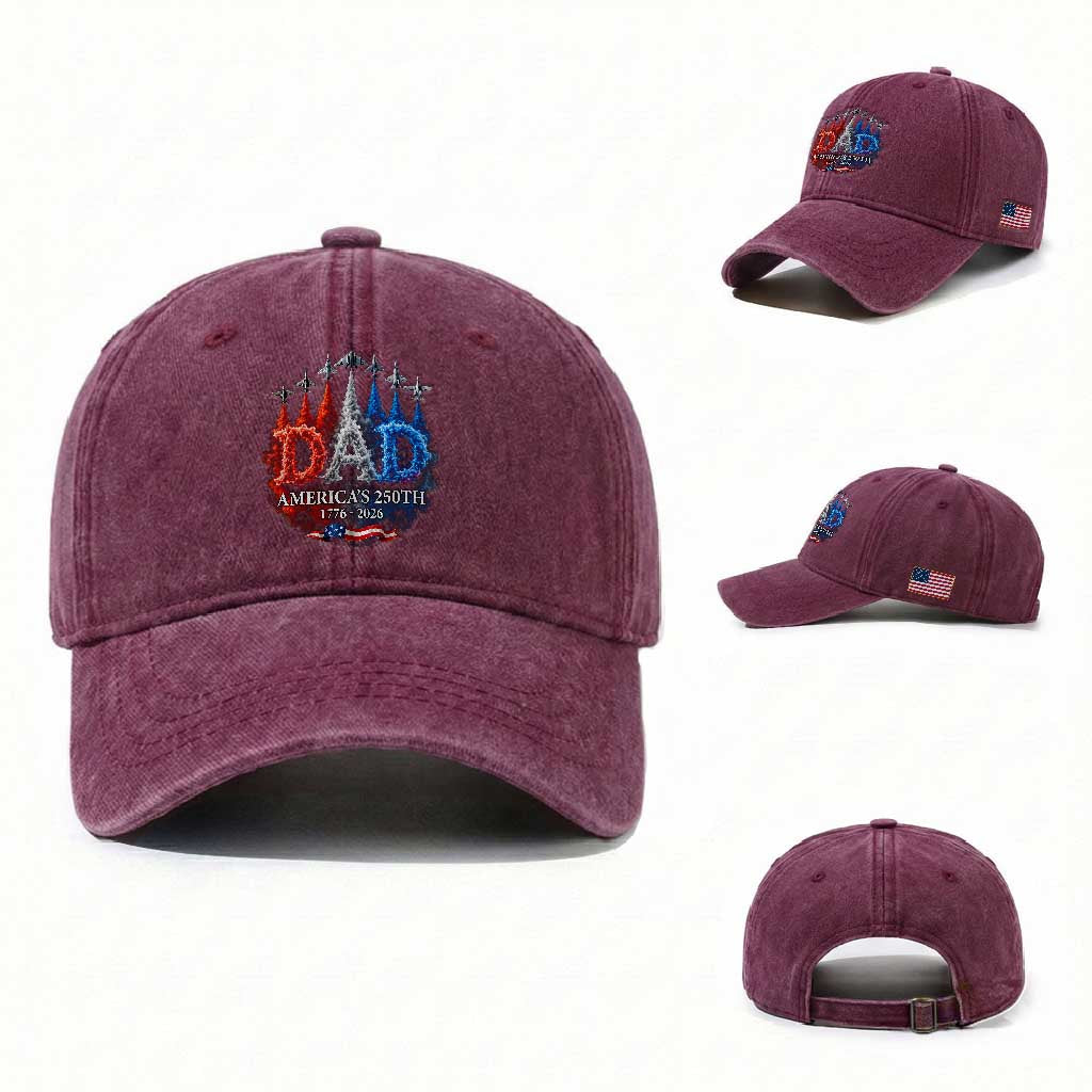 Dad USA 250th Anniversary Washed Cotton Baseball Cap Jet Fighter American Flag Father's Day 4th of July TS11 Washed Cap Universal Fit Burgundy Print Your Wear