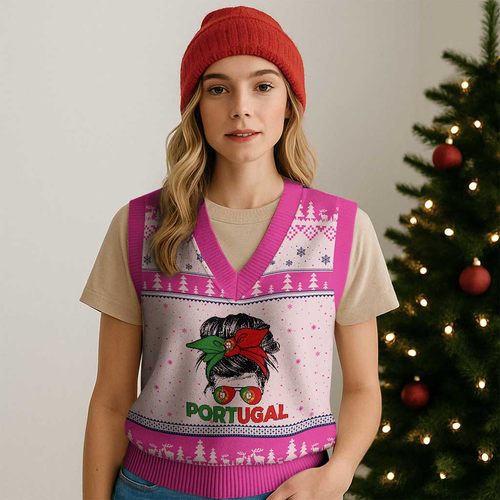 Portugal Messy Bun Girl Pride Portuguese Roots V-Neck Knit Sweater Vest